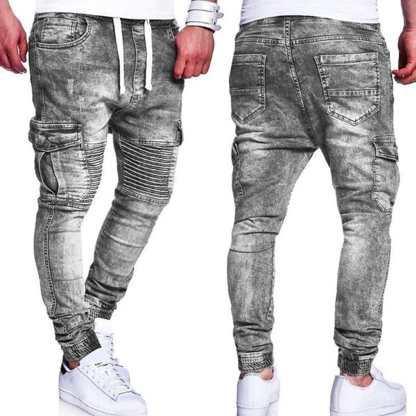 

fashion multiple pocket pleated knee slim men jeans drawstring casual long pants men 2020, Blue