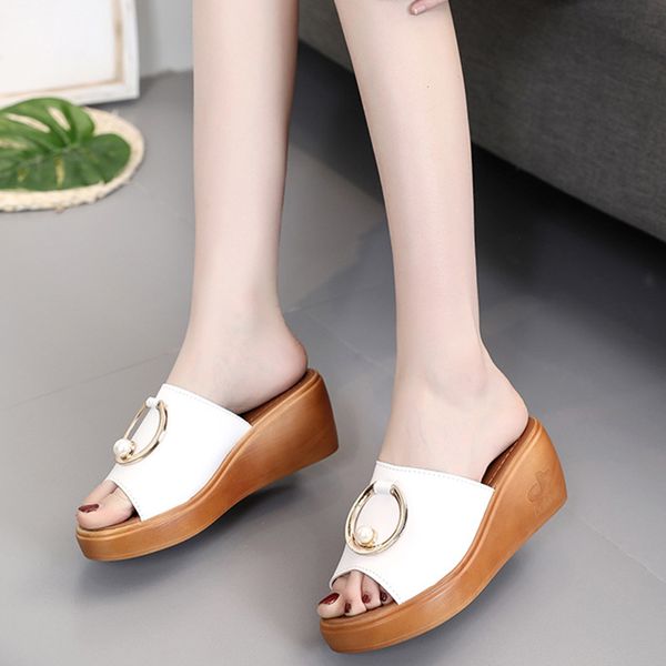 

2020 new summer women's slippers fashion high heel thick bottom one word drag anti slide female shoes water drill home slippers, Black