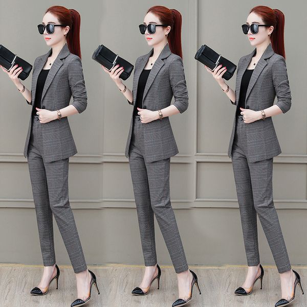 

haute couture women clothing autumn two piece set women's leisure suit clothes set for office classic coat + pants boutique 4068, Gray