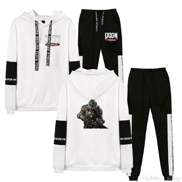 

2019 осень новое прибытие с капюшоном набор мужчины женщины doom вечный печати толстовка с капюшоном вреда брюки спортивные костюмы толстовк, Black