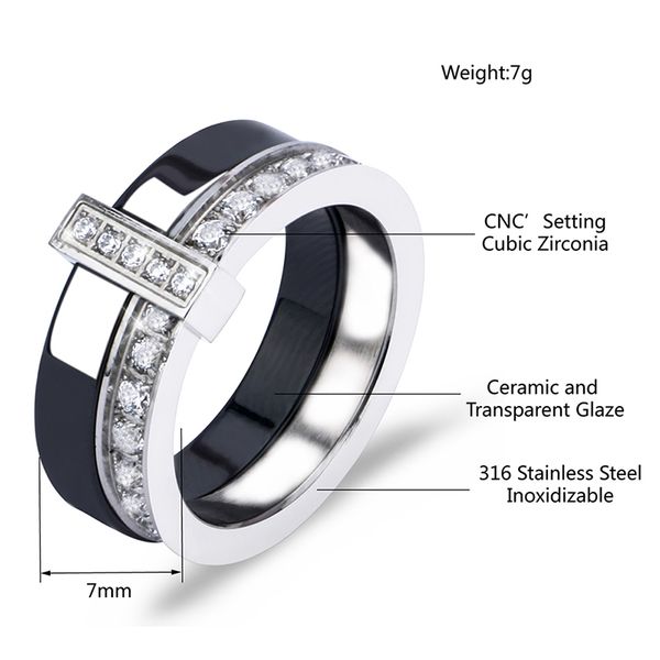 

black white ceramic ring with one row australia zircon two layers stainless steel silver thin engagement rings for women jewelry, Slivery;golden