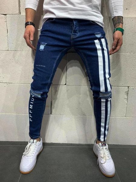 

men's jeans mkass 2021 arrival streetwear hip hop personality men side zipper ripped fashionmale destroyed skinny denim pants 3xl, Blue