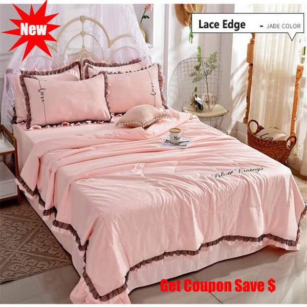 

4pcs lace edge washed silk summer quilt sets quality pillowcase bedskirt sets 2.5kgs duvet set bedding