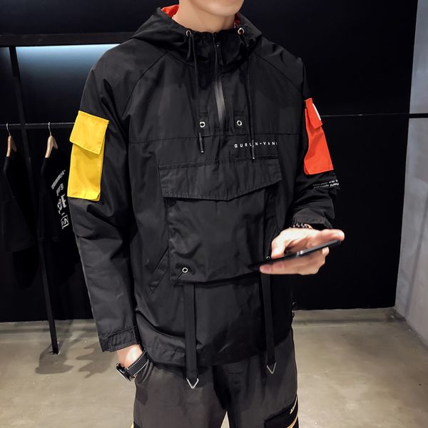 

5xl large size loose hooded long sleeve hoodie men fashion casual creative stitching sweatshirt sport hoodie coat clothing, Black