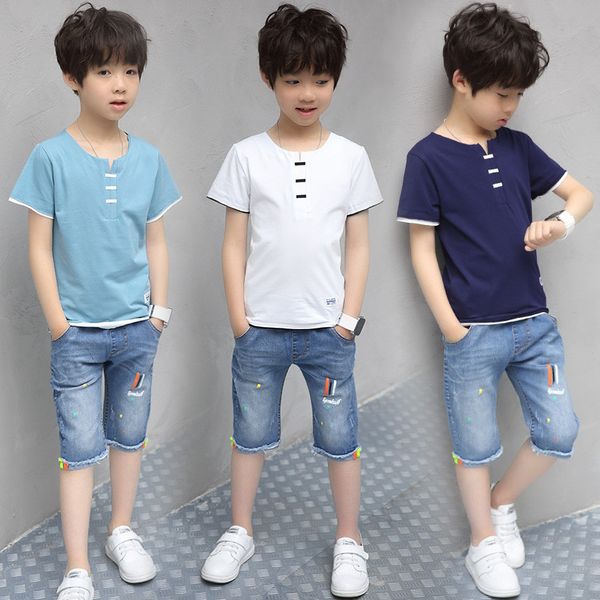 

children clothing sets costumes for boys clothes summer toddler t-shirt+jeans sport suits pockets kids clothes 6-15t denim t200414, White