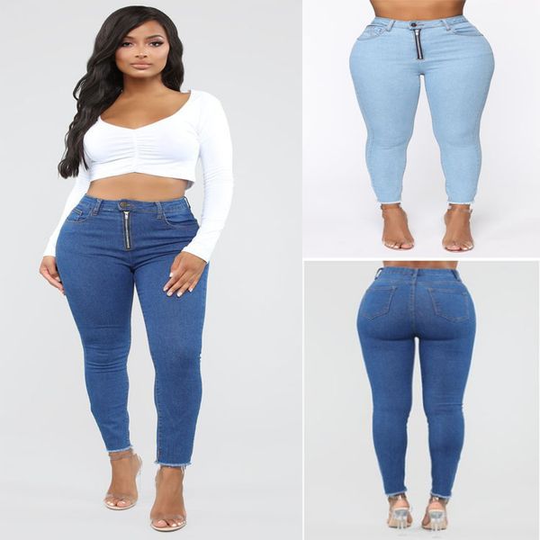 

женские джинсы высокая талия стрейч узкие джинсы женская молния, Blue