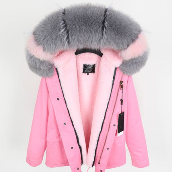 2019 nueva marca Maomaokong abrigos de mujer resistentes al frío con ribete de piel de zorro gris forro de piel de conejo rosa mini parkas rosas