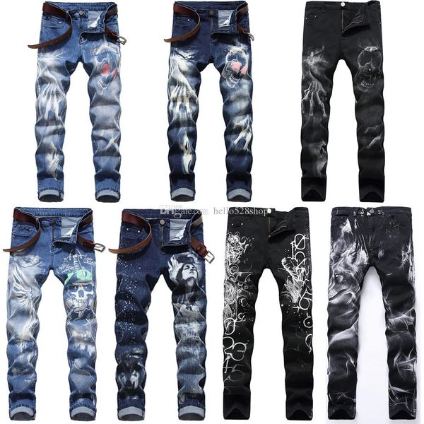 

men's korean style print stretch slim pants nightclub jeans skinny fashion tight designer jeans trousers, Blue