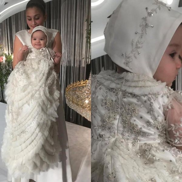 

dubai crystal christening baptism gowns for baby girls beads appliqued tiered ruffles bonnet flower girls first communication dres330q, White;blue