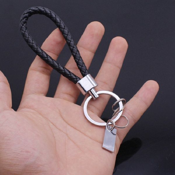 

black braided leather keychains women men silver color metal alloy car key rings holder simple jewelry accessories gifts 1pcs