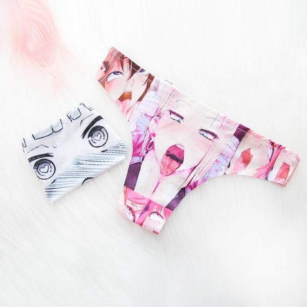 

women unique design anime pattern cartoon printed girl's ice silk underwear triangel panties summer costume t-thong, Black;pink