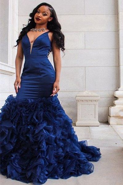 

african black girl royal blue mermaid prom dresses deep v neck sleeveless ruffles organza skirt formal party dresses evening wear
