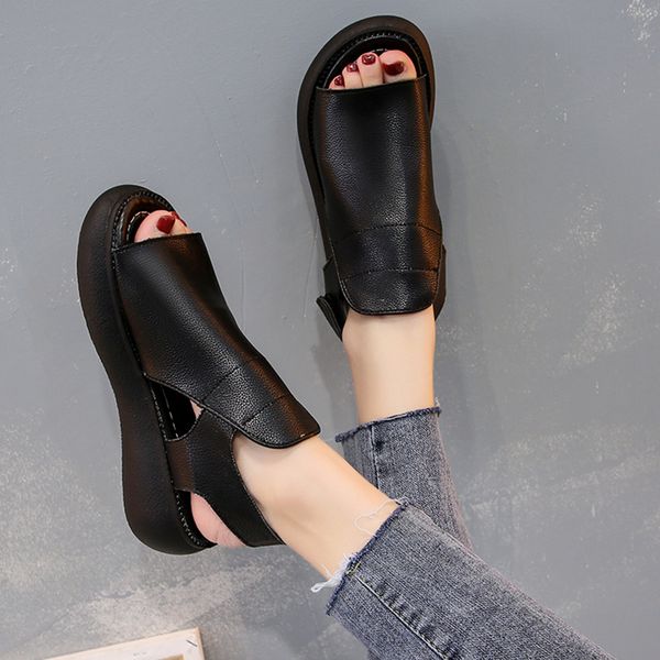 

2020 new women sandals solid color pu upper convenient outdoor soft thick bottom open toe sports sandals women, Black