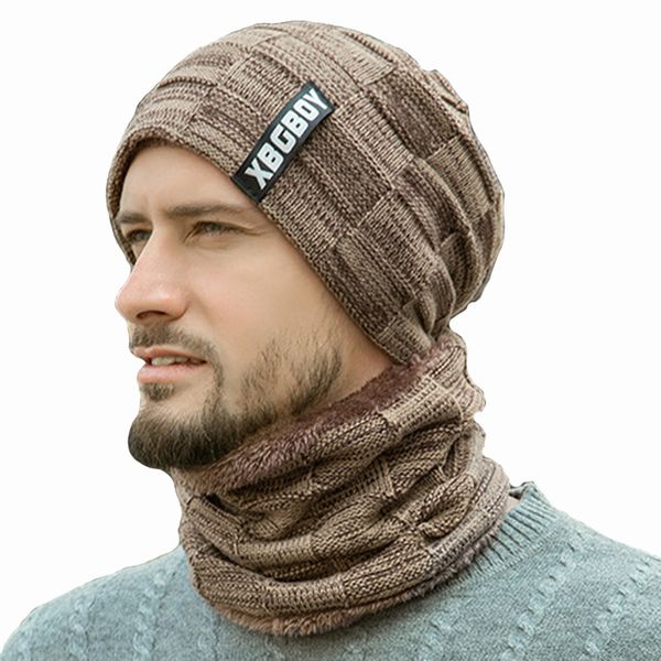 

mens warmer knitted neck scarf set fur lining thick warm knit beanies winter hat for male cap man black skullies bonnet wine mx191130, Blue;gray