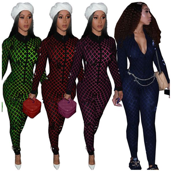 

luxury design women jumpsuits chan long sleeve zipper rompers spring one-piece bodysuit turn-down collor jumpsuit bodycon outfits clothing, Blue