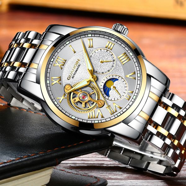 

mechanical relogio luxury tourbillon wristwatch watch men guanqin stainless steel masculino brand automatic sport waterproof tnkmj, Slivery;brown