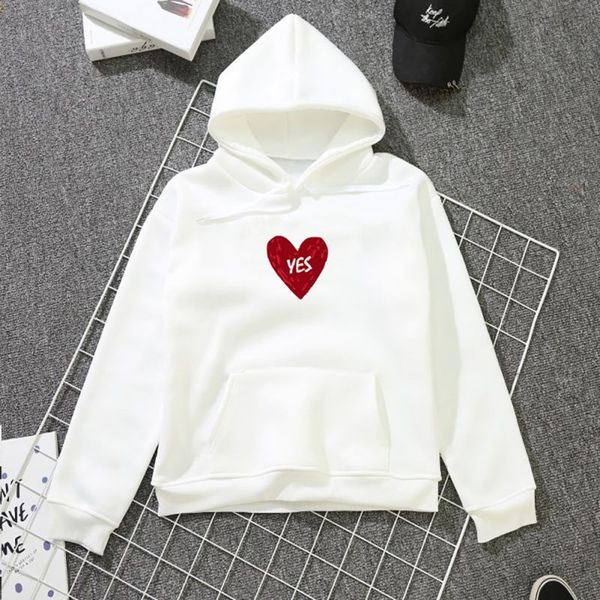 

couples women autumn winter warm long sleeve sweet heart-shape print thickening plus velvet loose hooded, Black