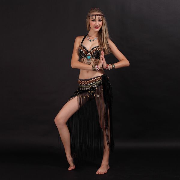 

stage wear women belly dancing clothes tribal 2 piece outfit coins bra, tassel hip scarf dance costume set professional, Black;red