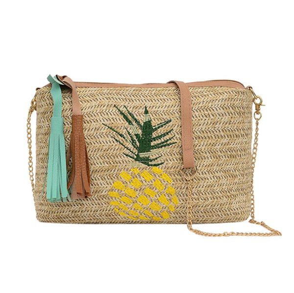 

women shoulder bag straw weave leaf/pineapple embroidery tassels messenger crossbody bags