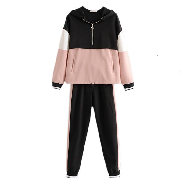 

female set new 2019 autumn womens two piece loose color matching long sleeved regular jacket elastic waist casual pants, White