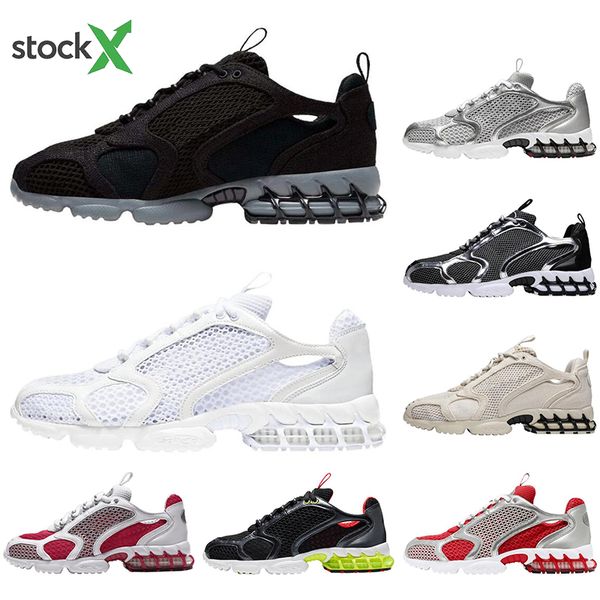 

ale stussy zoom spiridon caged men women running shoes triple white fossil metallic silver pure platinum varsity red sports sneaker, White;red