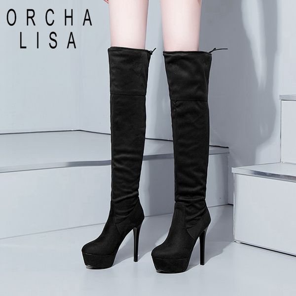 

orcha lisa over knee boots black thin heels woman urtra high heels 13cm long booties lady thigh high boots slim botas mujer