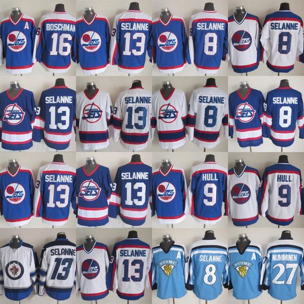 

13 Teemu Selanne Winnipeg Jets Hockey Jerseys 8 Selanne 9 Bobby Hull 16 Laurie Boschman 27 Teppo Numminen Dale Hawerchuk White ice Jersey