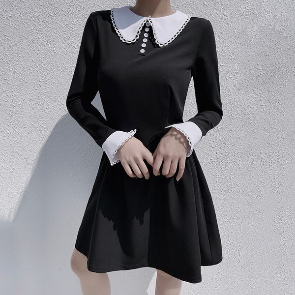 

gothic dress black women autumn a-line peter pan collar slim waist street fashion elegant retro preppy goth winter dresses, Black;pink