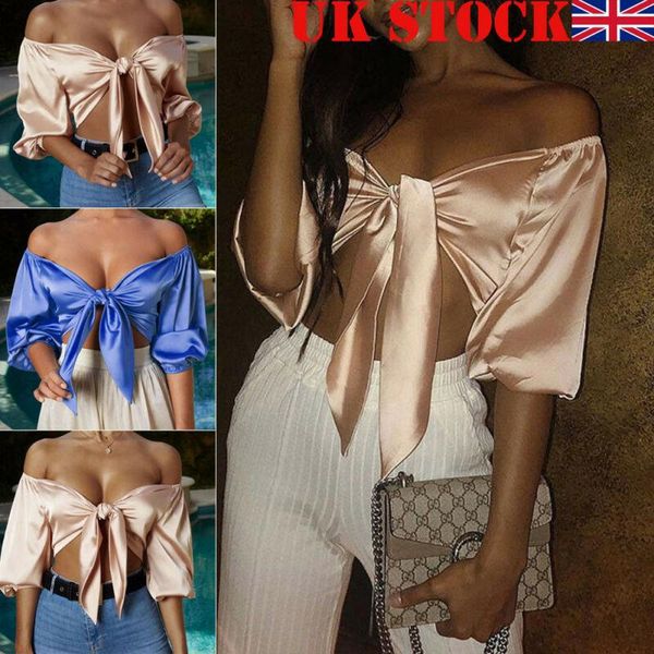 

uk womens ladies satin silk tie up knot flared sleeved cropped plunge shirt, White
