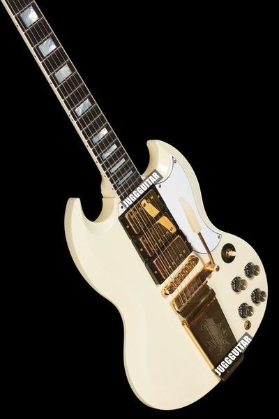 Classic Classic White Guitar Guitar Long Version Maestro Vibrola Tailipip Harpe Logo, 3 captadores de humbucker, ponte ABR-1, Grover Tuners Gold Hardware