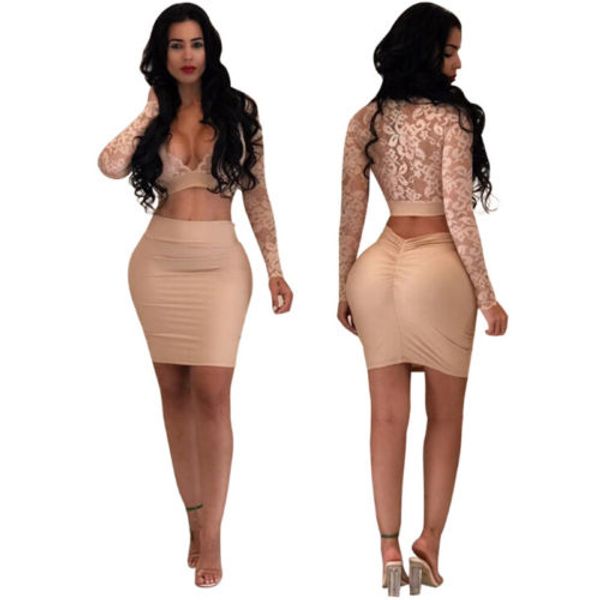 

women bodycon long sleeve cocktail lace mini dress 2019 lace v neck long sleeves crop mini skirt 2pcs set new, White