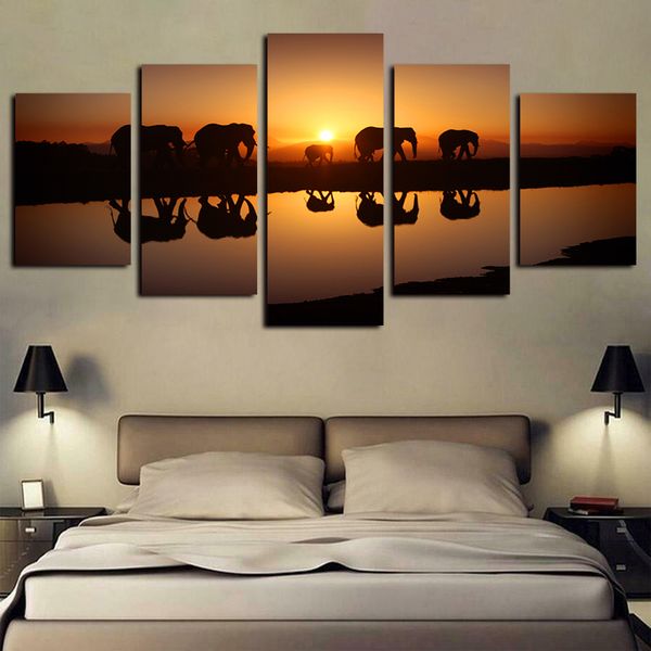 

5 panels animal elephants sunset landscape artworks giclee canvas wall art abstract poster canvas print oil painting wall decor