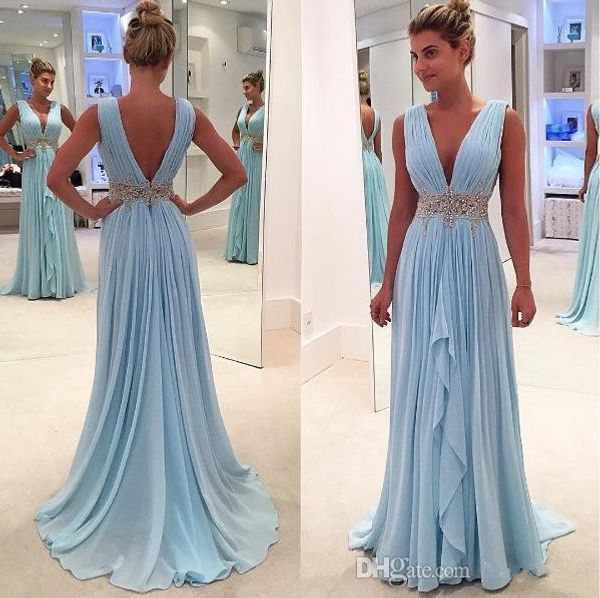 

light sky blue 2019 prom dresses backless deep v-neck chiffon beaded party maxys plus size long prom gown evening dresses robe de soiree, Black