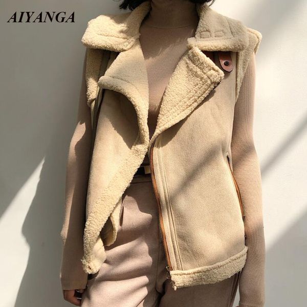 

2019 lamb wool vest women suede outerwear winter vest ladies warm coats thicken jackets zipper sleeveless coat female solid, Black;white