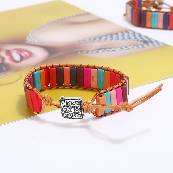 

handmade multicolor natural chakra bracelet bangle jewelry tube beads leather wrap rows bracelet creative gifts couples, Black