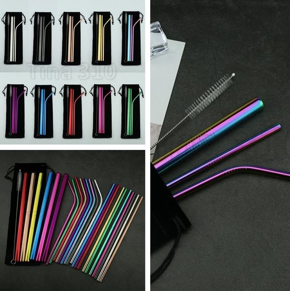 

strastainless steel straw 5pcs 1set straight 215*6mm bent 215*6mm straight 215*12mm brush with bag metal drinking straws brush 4726