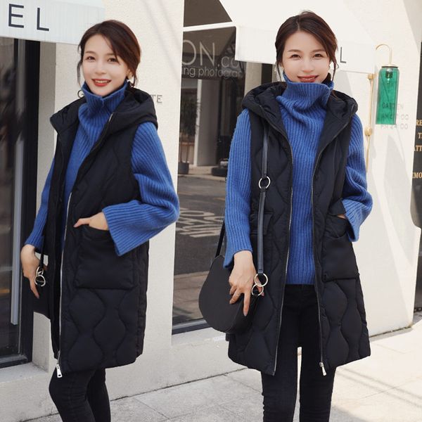 

long down cotton coat sleeveless vest women's jacket 2019 new autumn and winter large size waistcoat korean outwear hooded f1608, Black;white
