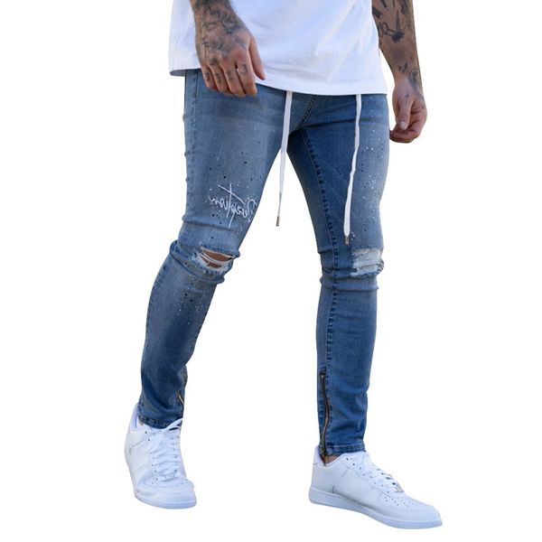 

laamei 2020 men's painted skinny slim fit straight ripped distressed pleated knee patch denim pants stretch jeans, Blue