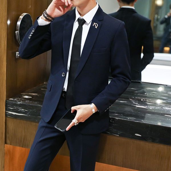 

men's suit set men's korean-style slim fit small suit two-piece set business leisure suits for men marriage formal dress, White;black