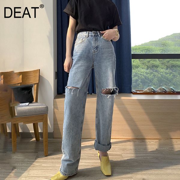 

deat] 2020 high street denim hole длинные длина джинсы женщины упругие ripped wahsed сыпучие straight ленивый новая летняя мода ar812, Blue