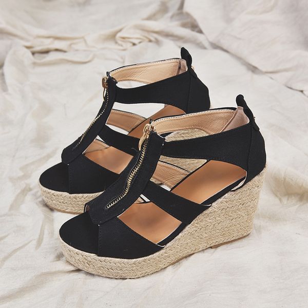 

summer women shoes fashion open toe breathable beach rome sandalias mujer 2019 casual solid color wedges ladies shoes, Black