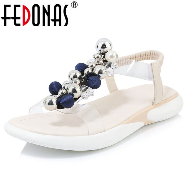 

FEDONAS 2019 New Summer Round Toe Elastic Band Women Flats String Bead Women Sandals Casual Shoes Woman Party Office Rome Shoes