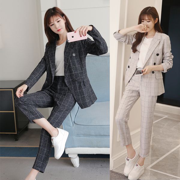 

2019 business women's pencil pants set 2 piece set navy plaid blazer + pants office ladies corner jacket women's suit, White;black