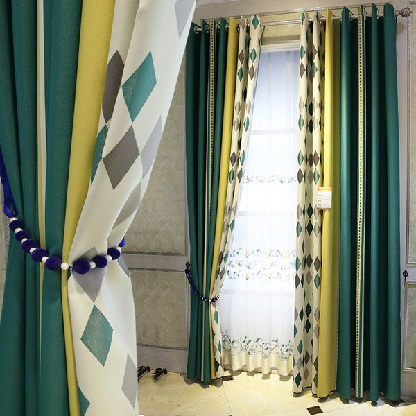 

luxury curtains for living room nordic curtain for bedroom geometry curtain green yellow splicing blinds eco-friendly drapes