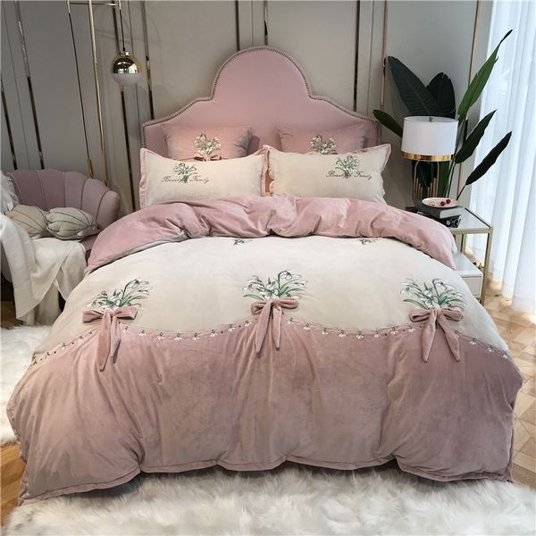 

luxury short plush velvet fleece flowers embroidery princess girl bedding set bow duvet cover bed linen fitted sheet pillowcases