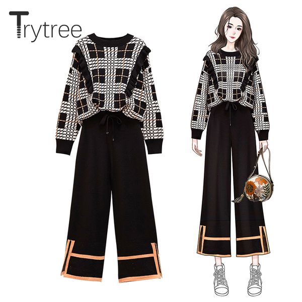 

trytree 2019 autumn winter two piece set casual o-neck loose ruffles plaid + pants elastic waist office lady set 2 piece, White