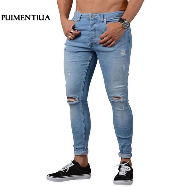 

puimentiua men casual ripped mid-waist skinny jeans high street trousers male denim pencil pants jeans brand vaqueros hombre, Blue