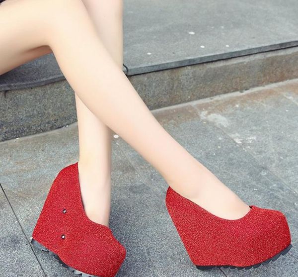 

2020 women's shoes in spring and autumn with new style slope heel round head thick bottom waterproof table cloth shoes @4128, Black