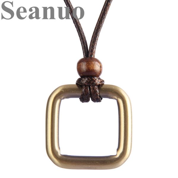 

seanuo squreround полый медный сплав с деревянной бусиной ожерелье шарма подвеска для мужчин панк-рок женщины длинный свитер ожерелье подаро, Silver