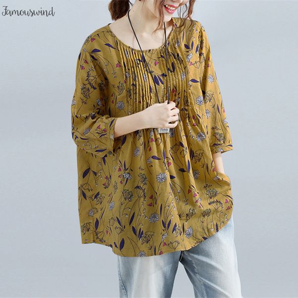 

плюс size2019 лето женщины блуза сыпучие цветочные печати рубашка белье хлопок top cap рукава 3 рукава blusa 4 повседневный камиза, White